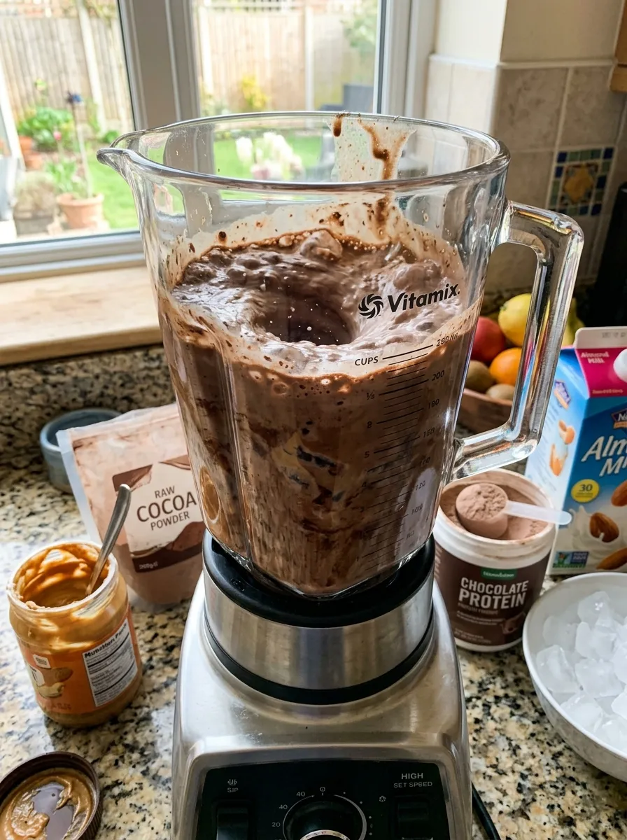 A blender filled with chocolate protein smoothie ingredients