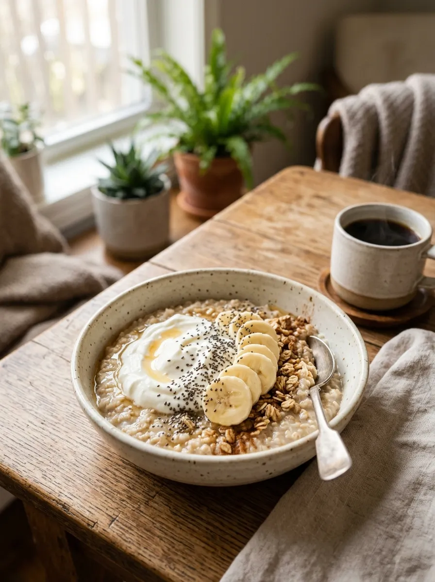 A bowl of oatmeal topped with a dollop of Greek yogurt