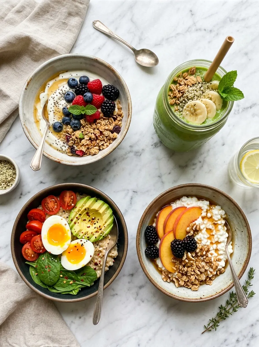 A bright flat-lay of four breakfast bowls