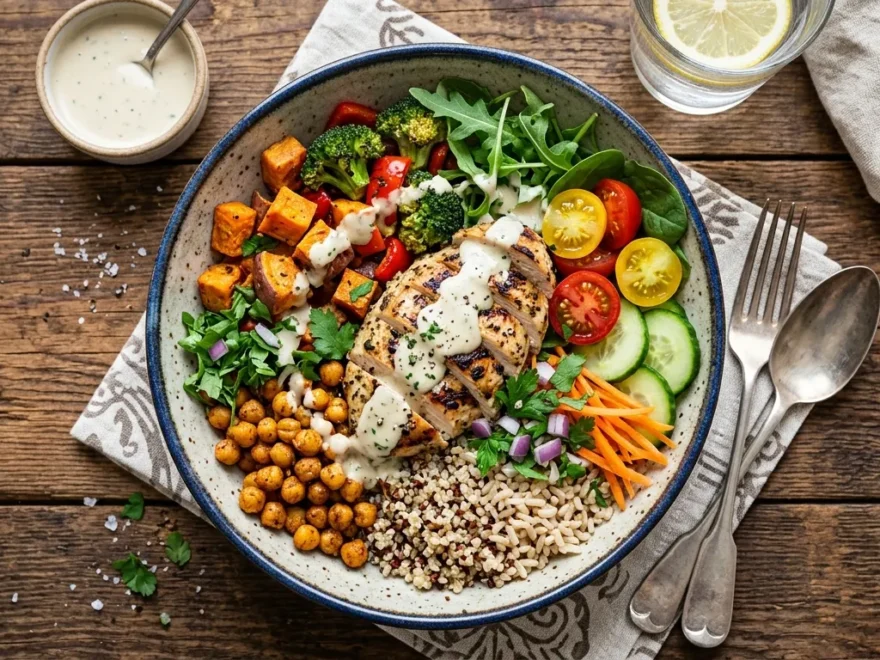 A colorful grain bowl with grilled chicken