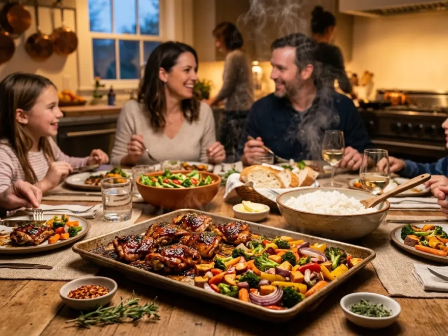 A family-style dinner table with a sheet pan of glazed chicken thighs, roasted vegetables, and a bowl of rice, warm kitchen lighting, steam rising off the food.