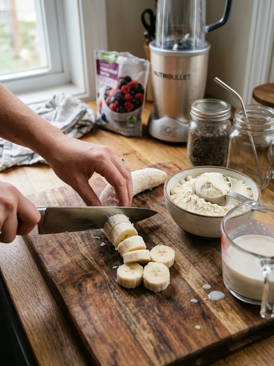 A frozen banana being sliced on a cutting board