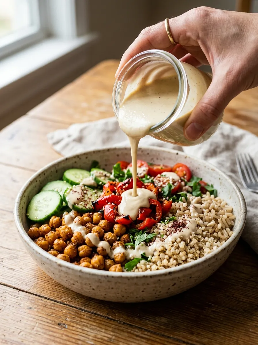 A hand drizzling creamy tahini dressing over a grain bowl with chickpeas, cucumber, and roasted red peppers, close-up shot.