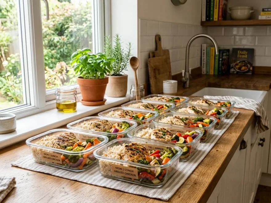 A kitchen counter lined with neatly organized glass meal prep containers