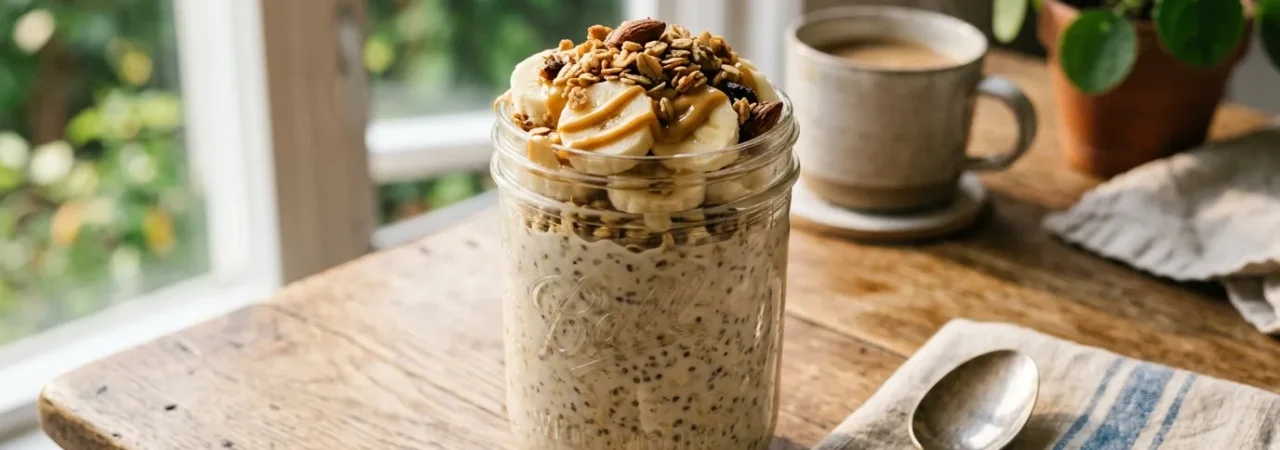 A mason jar filled with creamy overnight oats topped with sliced banana