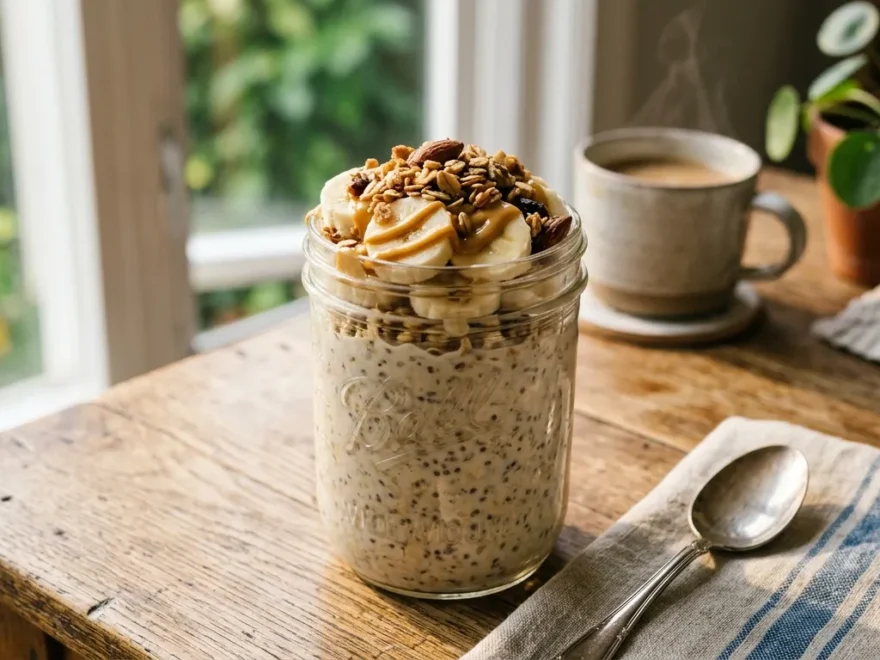 A mason jar filled with creamy overnight oats topped with sliced banana