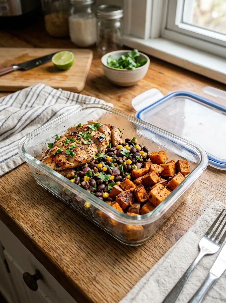 A meal prep container filled with grilled chicken strips, black beans, and roasted sweet potato cubes, natural lighting on a kitchen counter