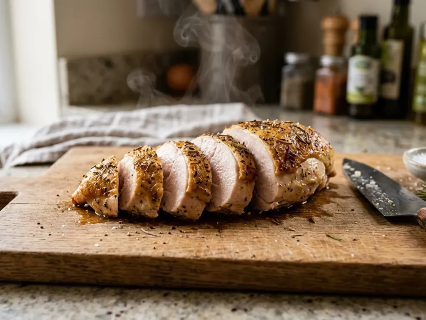 A perfectly sliced juicy chicken breast