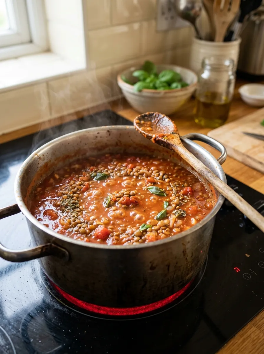 A pot of tomato pasta sauce with lentils
