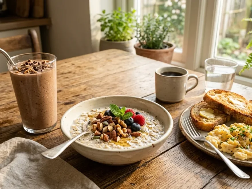 A rustic breakfast spread with a protein