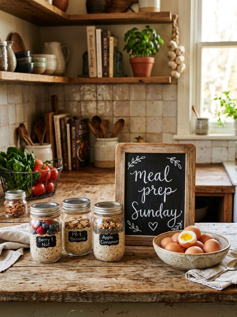 A rustic kitchen counter with mason jars of overnight oats