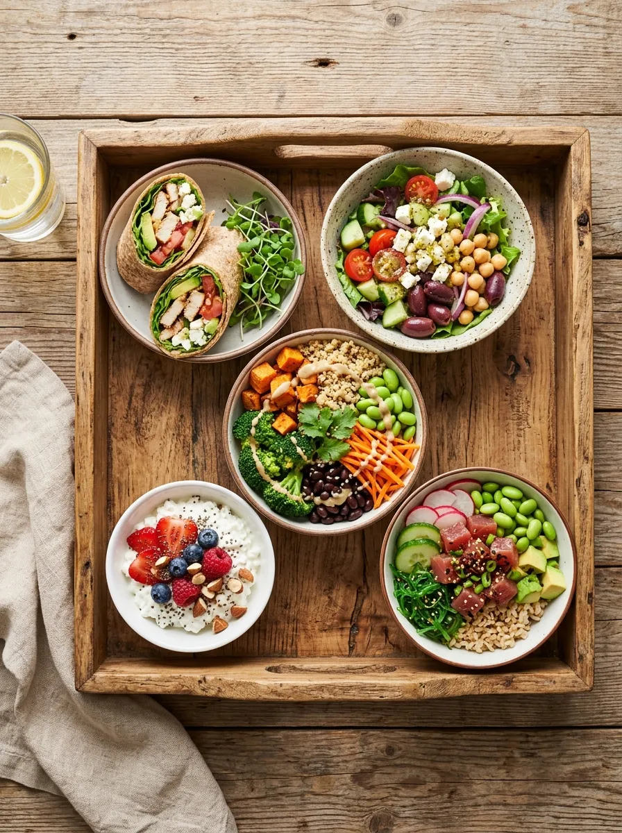 A rustic wooden tray with five small lunch options arranged side by side — a wrap, a salad, a rice bowl, a cottage cheese plate, and a tuna bowl — bright, colorful, overhead shot.