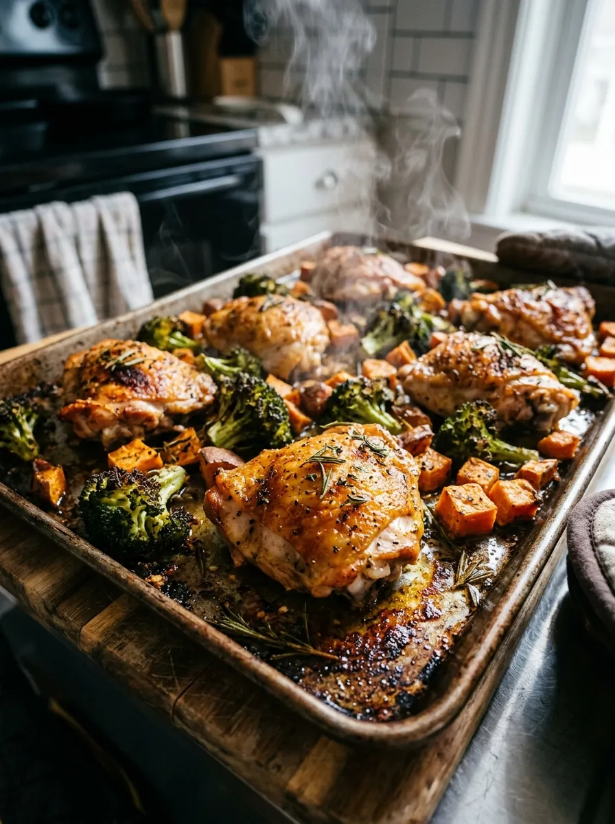 A sheet pan fresh out of the oven with roasted chicken thighs