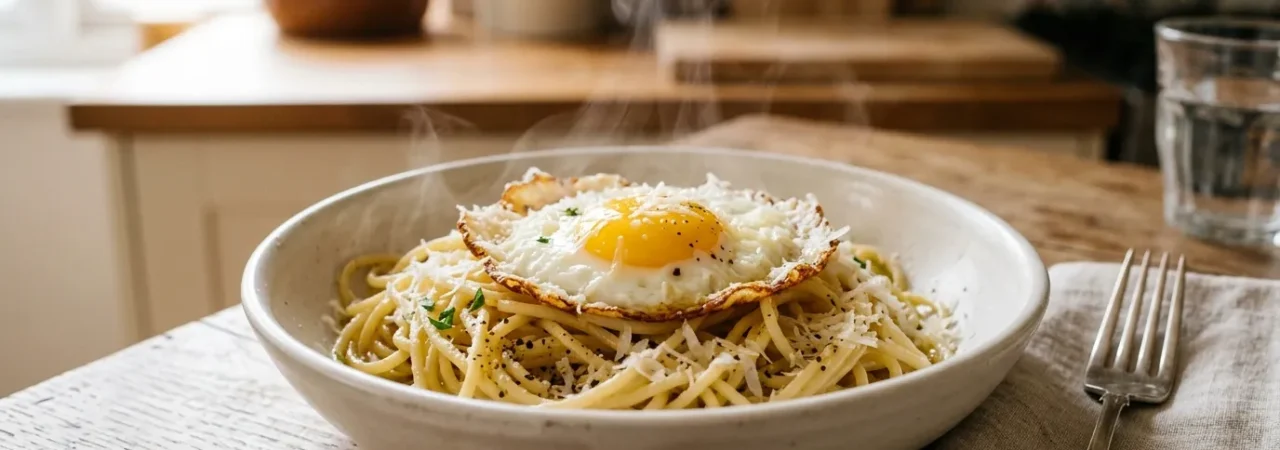 A simple bowl of pasta topped with a fried egg and grated parmesan