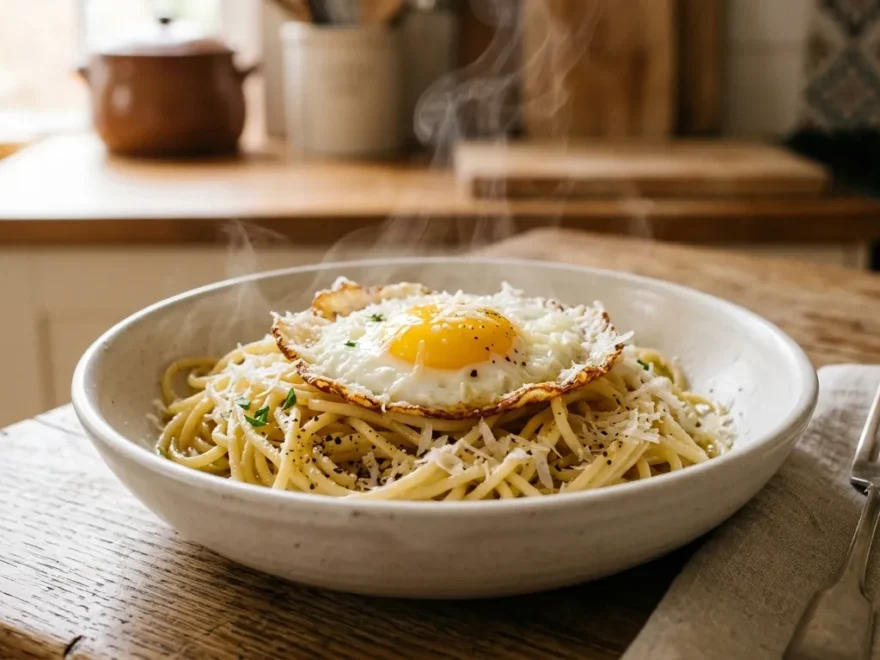 A simple bowl of pasta topped with a fried egg and grated parmesan