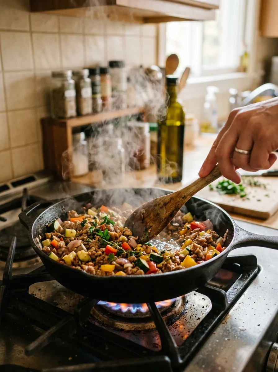 A sizzling skillet of ground turkey and vegetables being stirred with a wooden spoon, steam rising, stovetop scene with warm lighting.