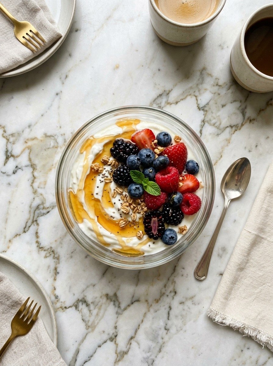 A small glass bowl of thick Greek yogurt topped with berries