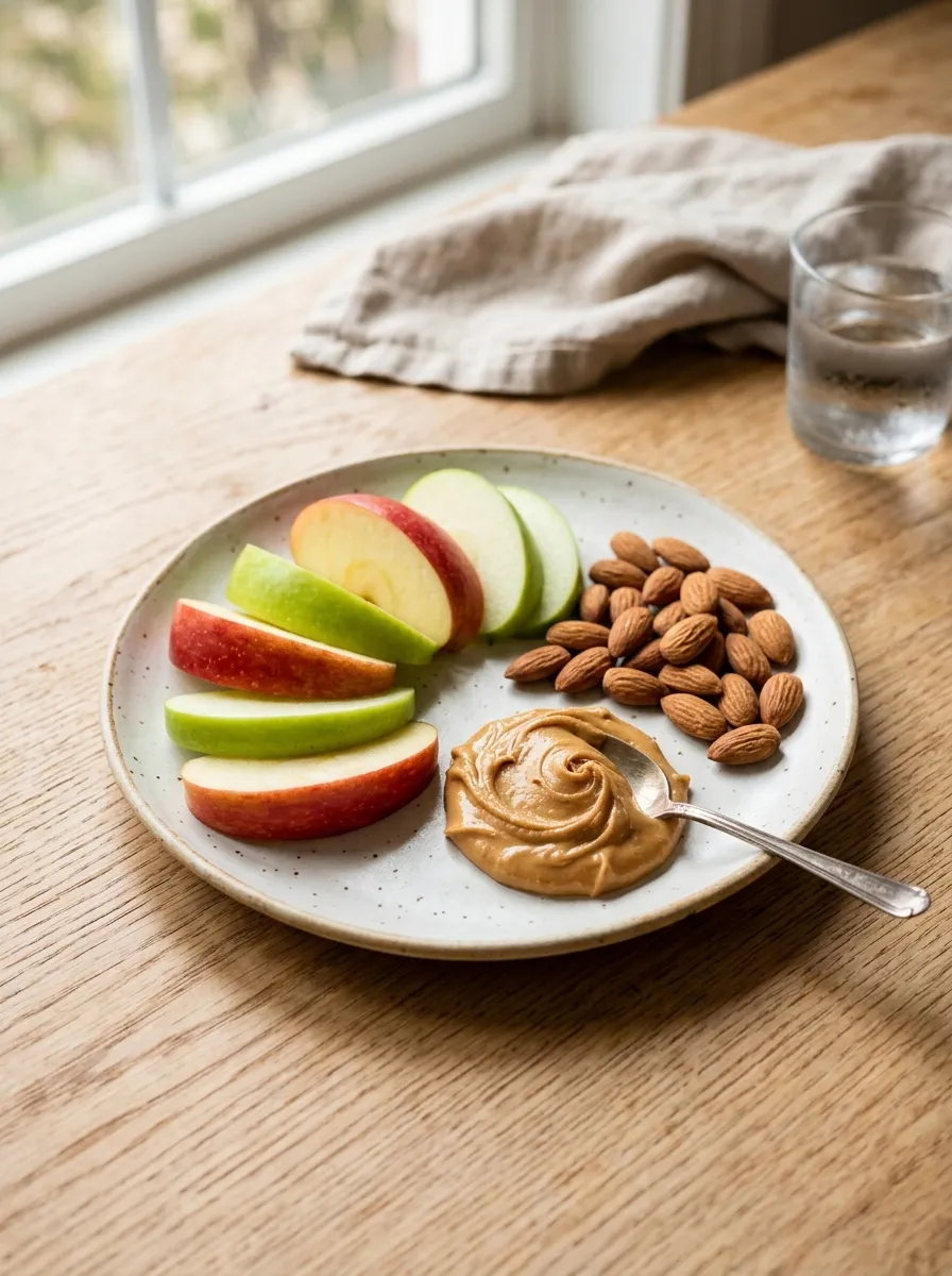 A small snack plate with apple slices, a spoonful of peanut butter