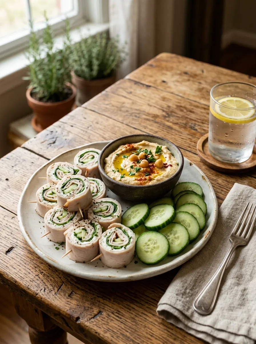 A snack plate with turkey roll ups, cucumber slices