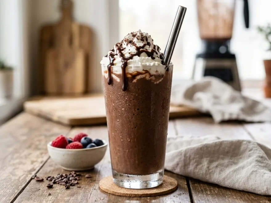 A thick chocolate protein smoothie in a tall glass with a straw
