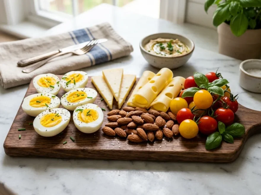 A wooden snack board with hard boiled eggs