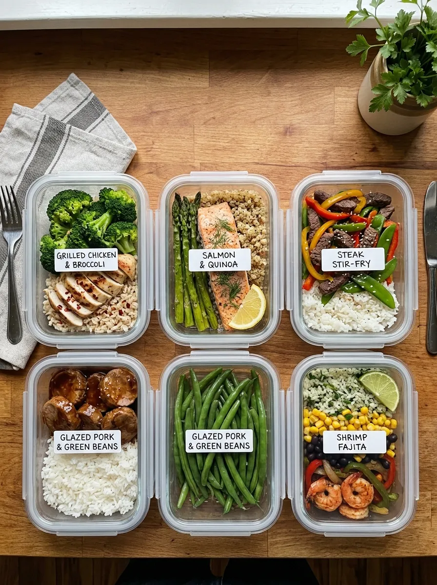 An overhead flat lay of five labeled meal prep containers