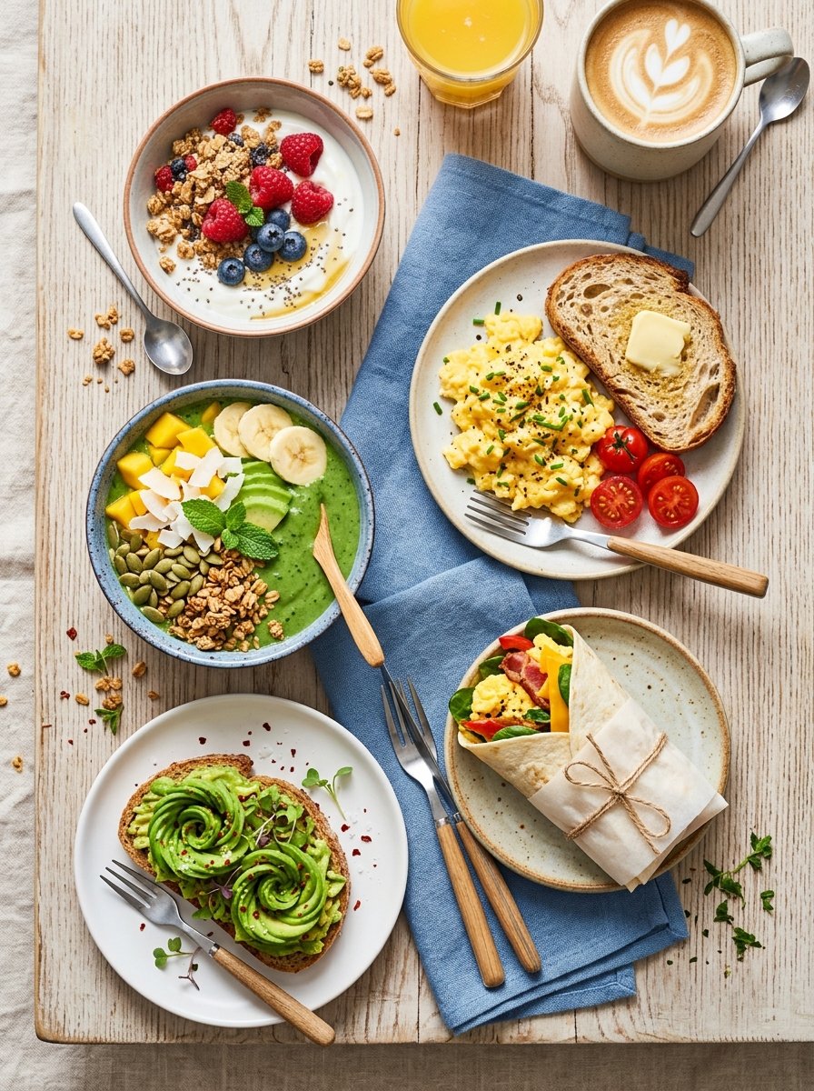 An overhead flat-lay of five small breakfast bowls and plates