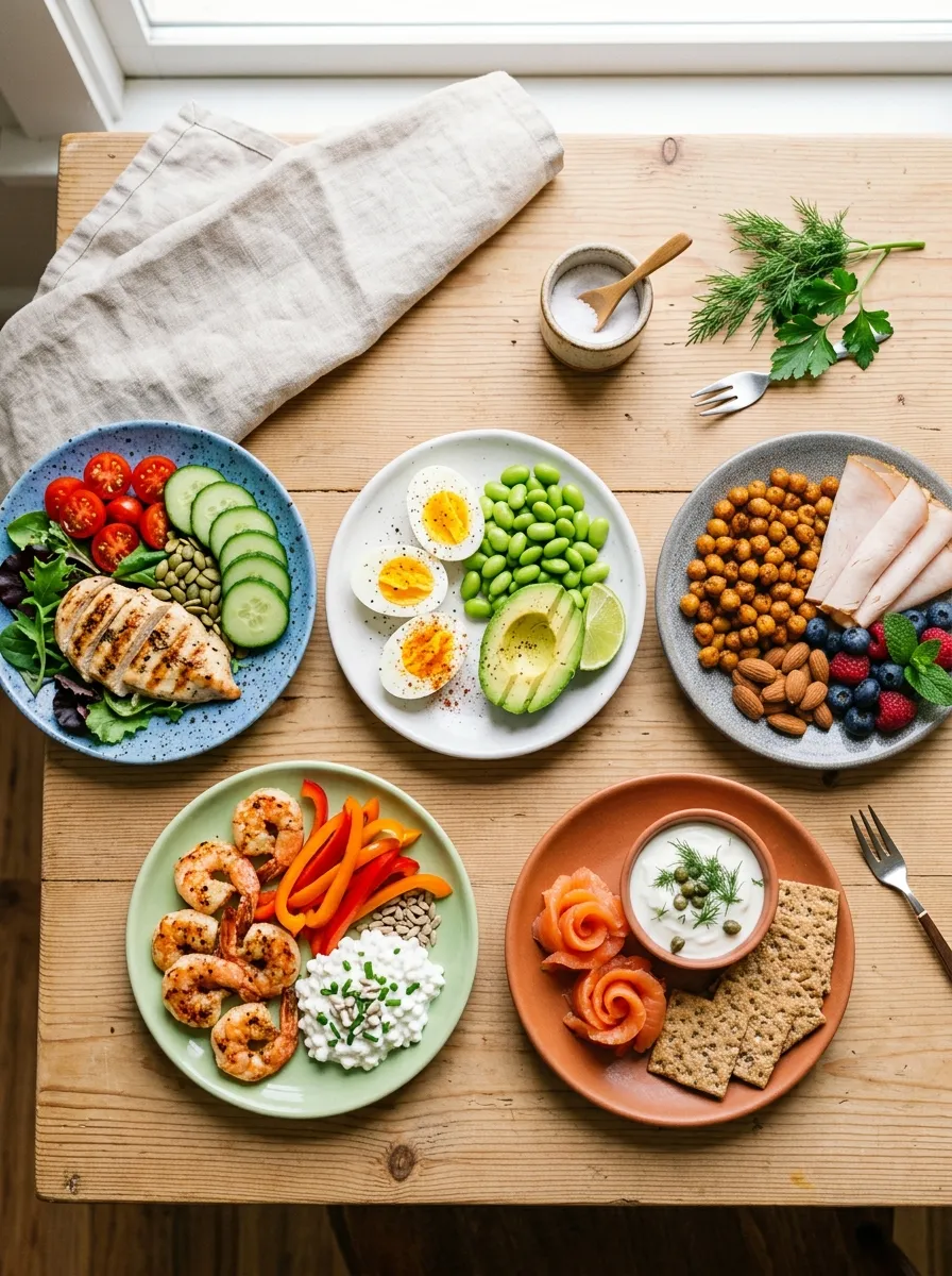 An overhead flat lay of five small snack plates arranged in a grid