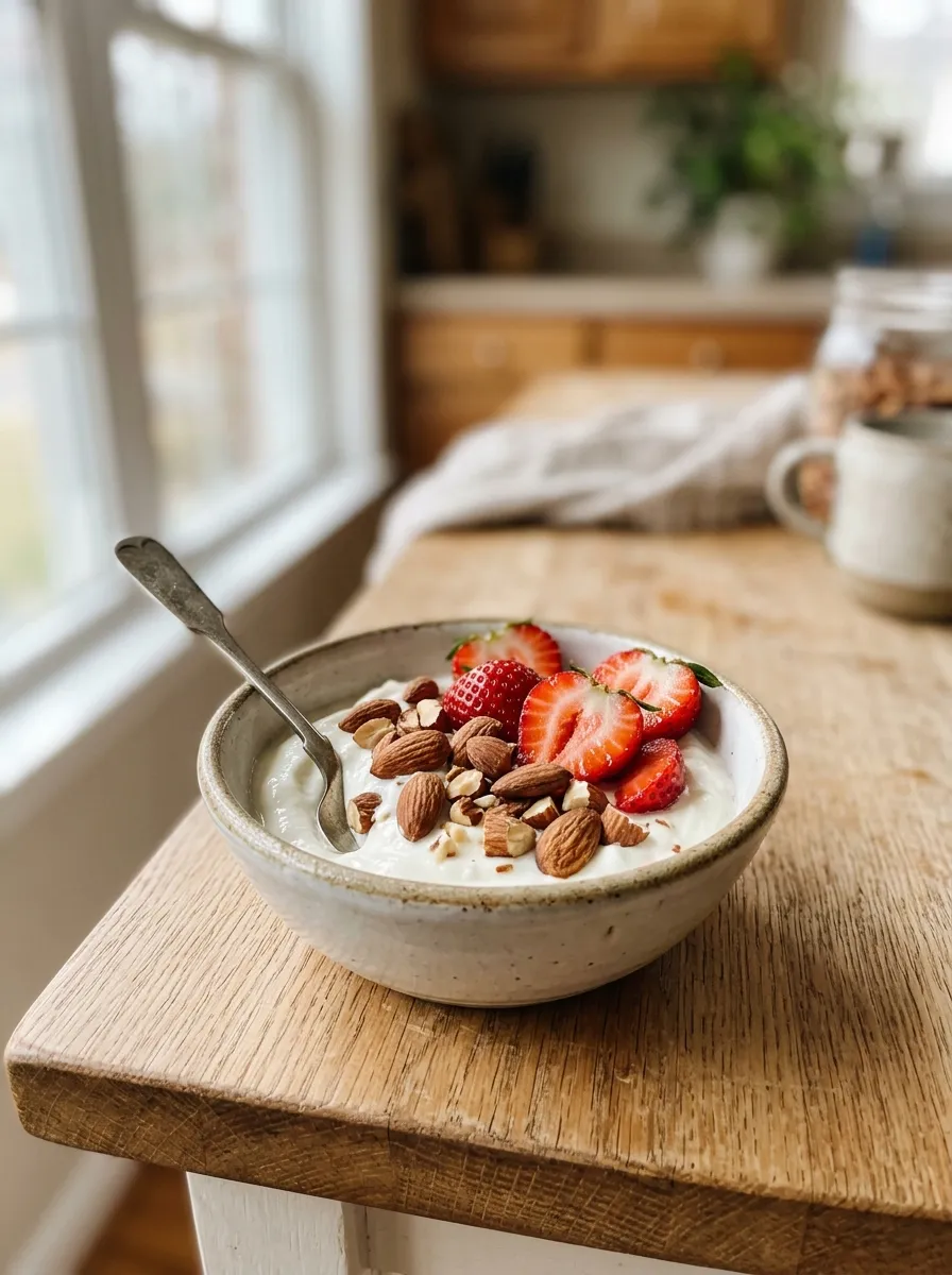 Close-up shot of a small bowl of Greek yogurt