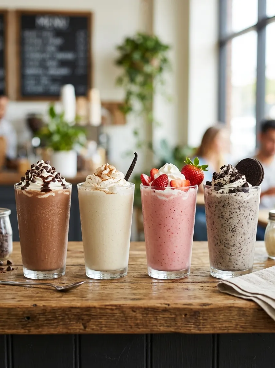 Four different protein smoothies lined up in glasses
