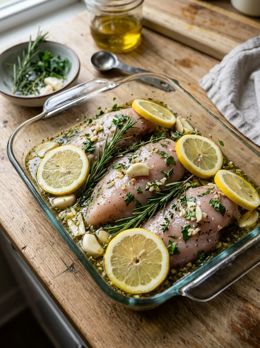 Raw chicken breasts marinating in a glass dish