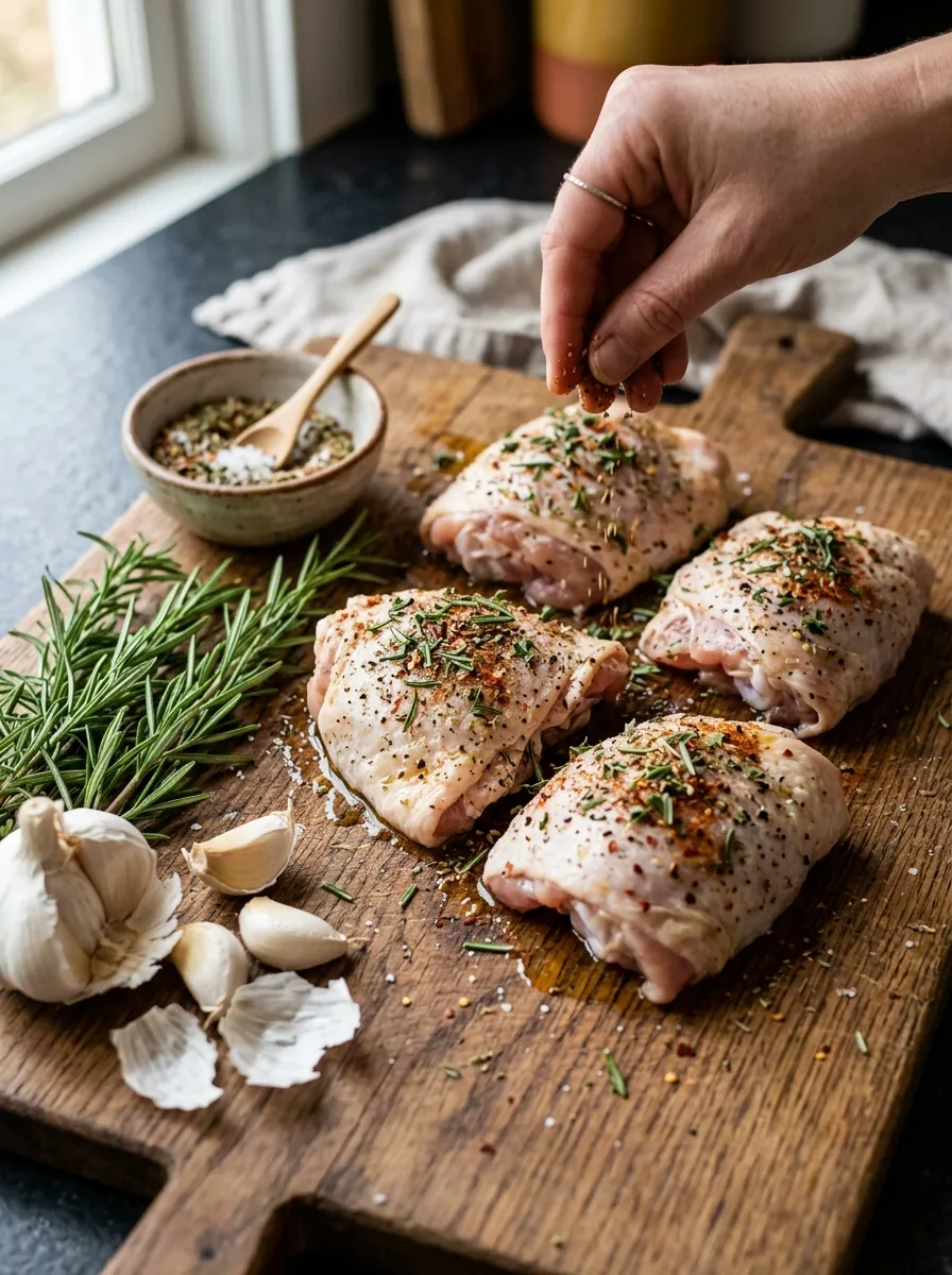 Raw chicken thighs being seasoned with herbs and spices on a wooden cutting board, close-up shot with fresh rosemary and garlic nearby.