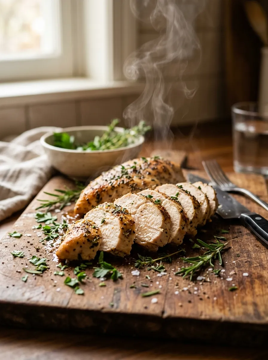 Sliced juicy chicken breast resting