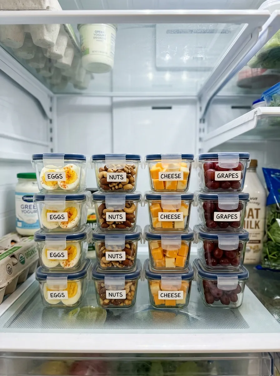 Small meal prep containers filled with pre-portioned snacks