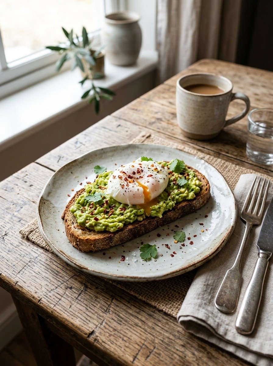 Whole grain toast topped with mashed avocado, a poached egg, and a sprinkle of chili flakes, natural daylight, rustic wooden table.