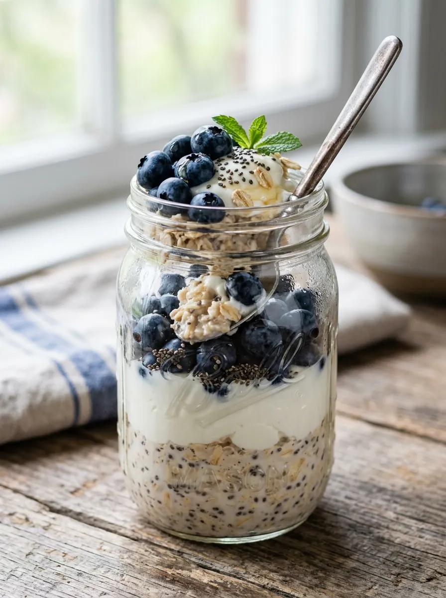 a jar of overnight oats layered with Greek yogurt