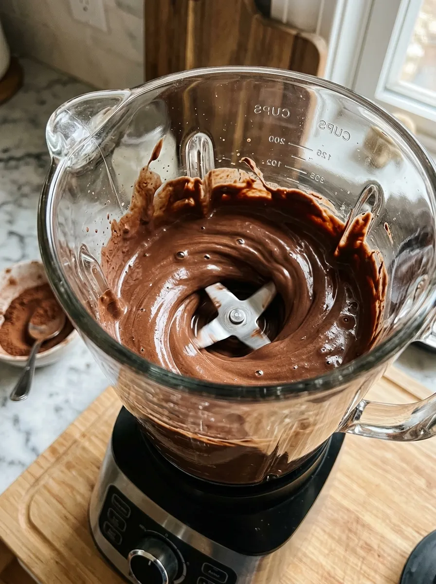 A blender with cottage cheese and cocoa powder