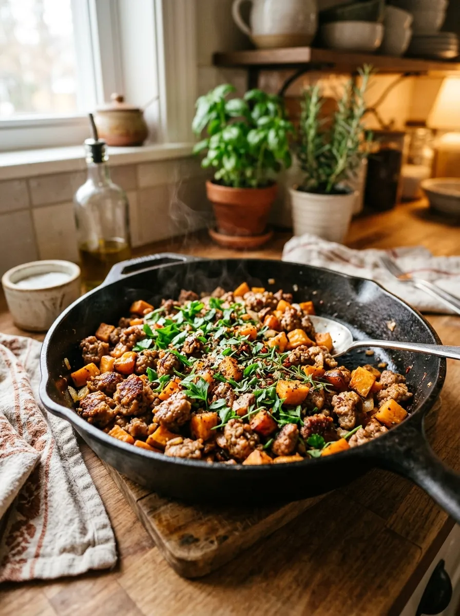 A cast iron skillet filled with browned turkey sausage crumbles