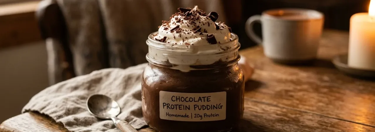 A glass jar of chocolate protein pudding topped with whipped cream