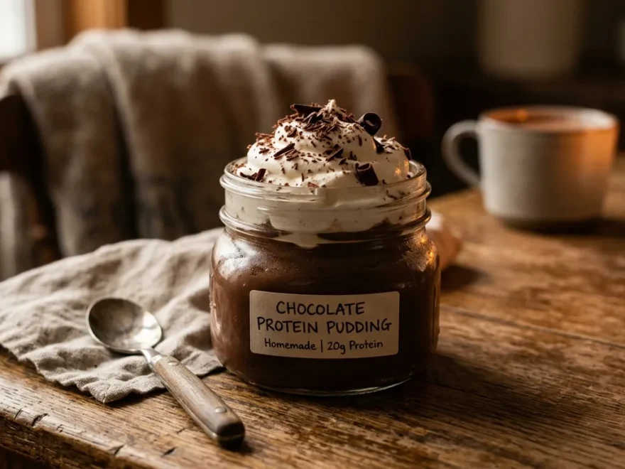 A glass jar of chocolate protein pudding topped with whipped cream