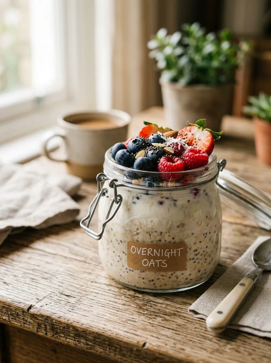A glass jar of creamy overnight oats topped with fresh berries