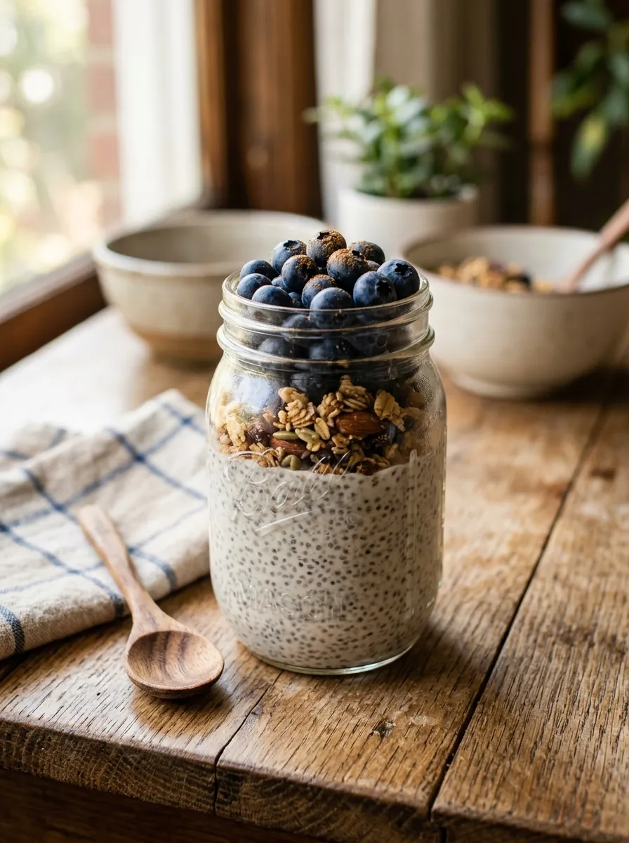 A glass jar of thick chia pudding topped with fresh blueberries