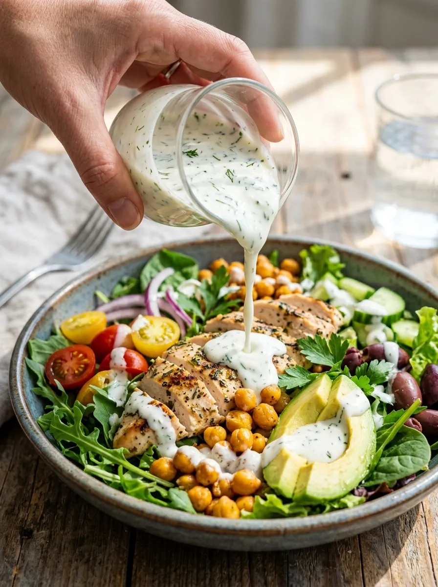 A hand drizzling a creamy Greek yogurt dressing