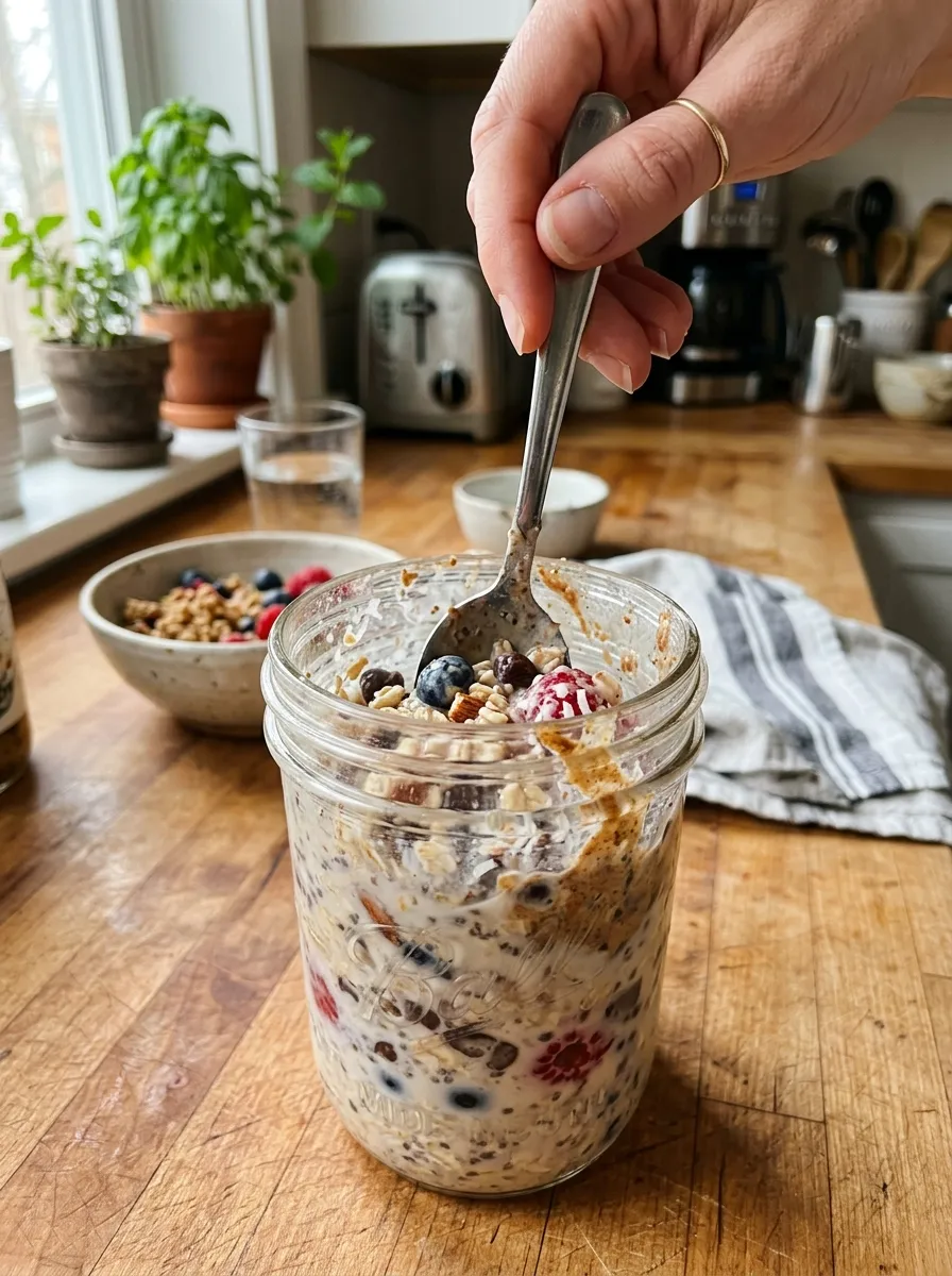 A hand stirring overnight oats in a glass jar with a spoon