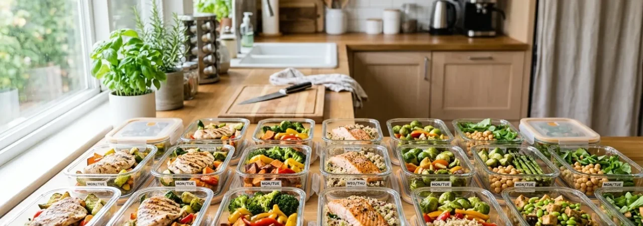 A kitchen counter lined with rows of glass meal prep containers