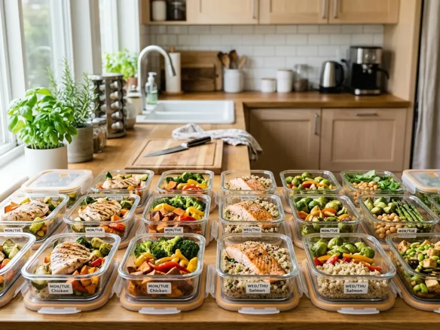 A kitchen counter lined with rows of glass meal prep containers