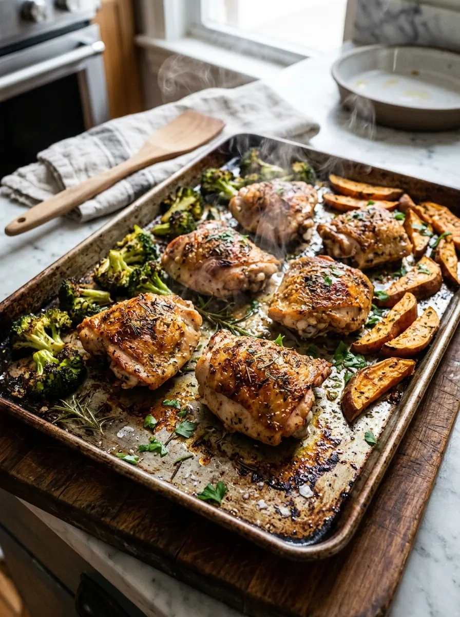 A sheet pan fresh from the oven with roasted chicken thighs
