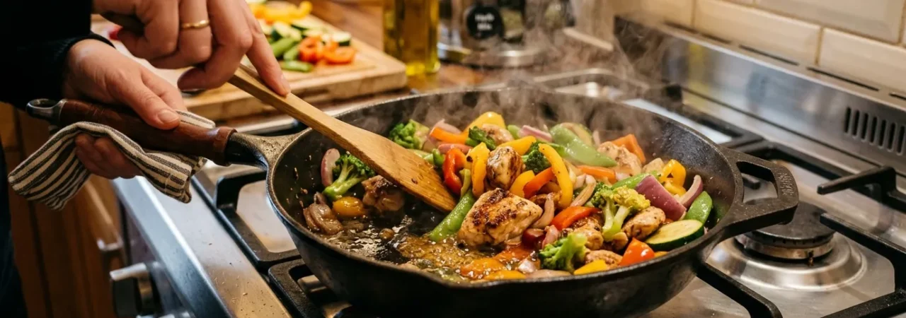 A sizzling skillet of chicken and vegetables cooking on the stovetop