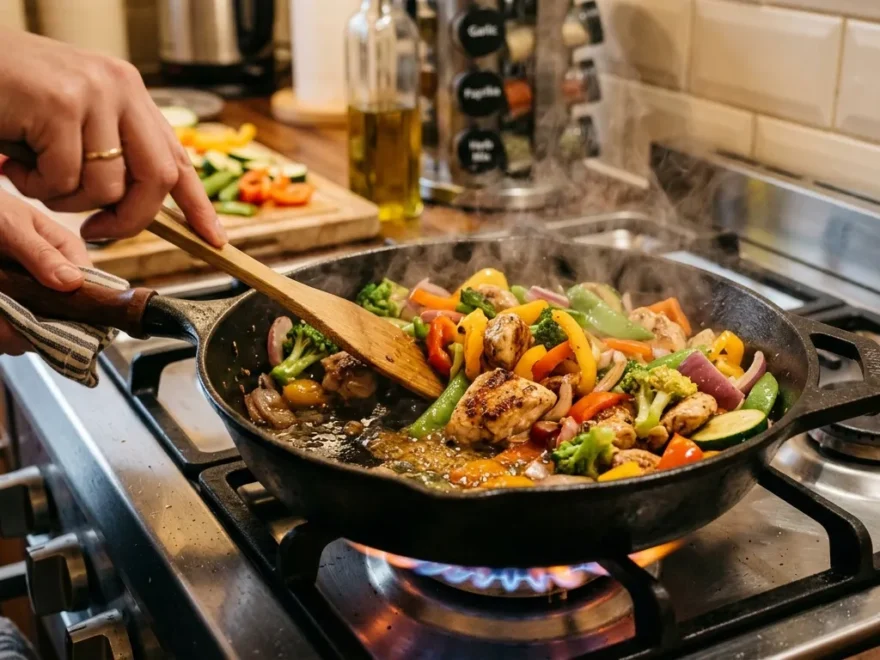 A sizzling skillet of chicken and vegetables cooking on the stovetop