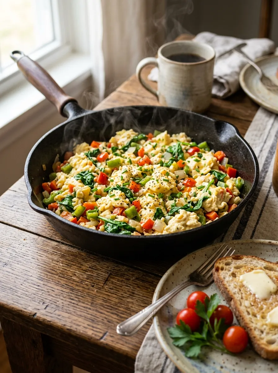 A skillet of fluffy scrambled eggs studded with bright bell peppers and spinach